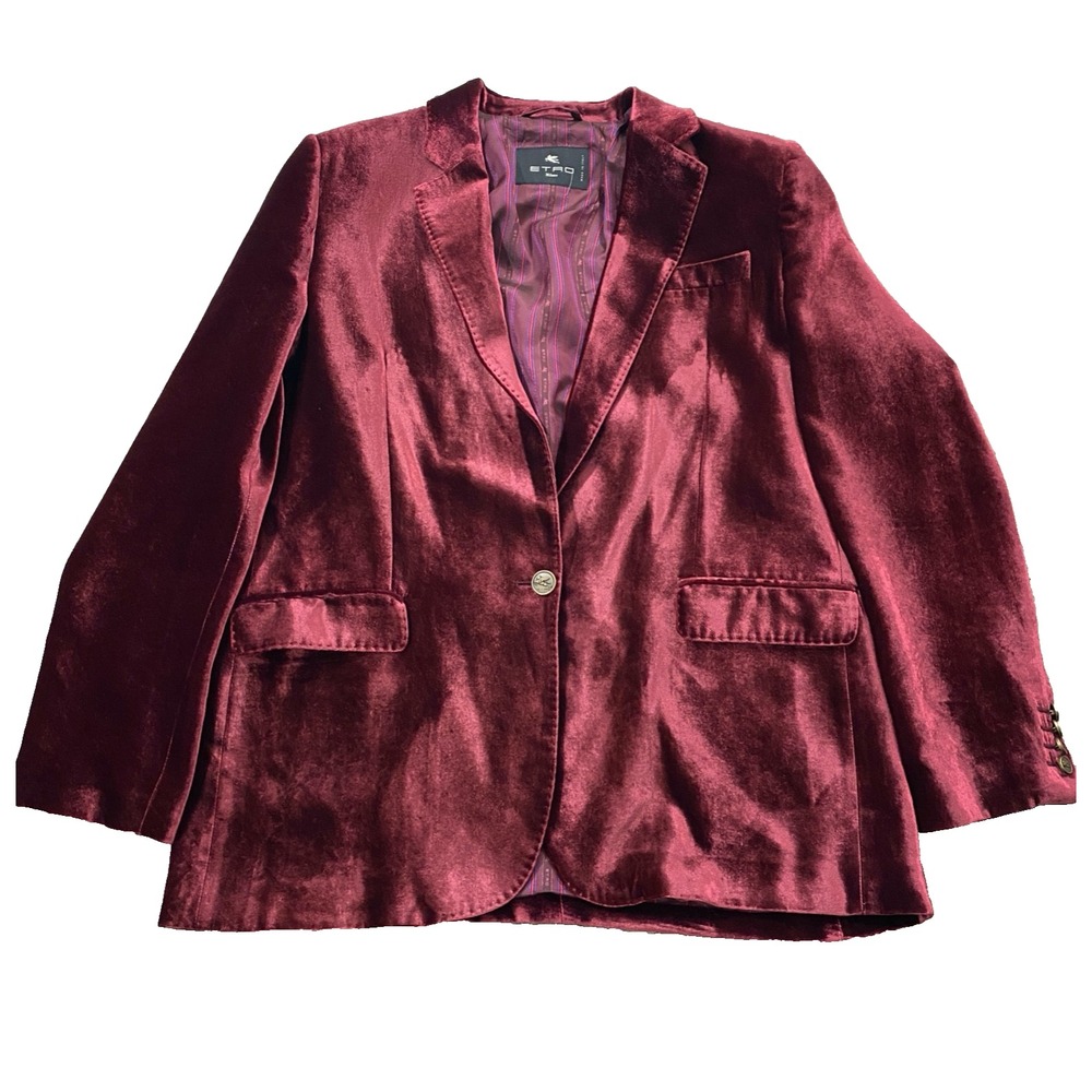 Etro Milano 48 (US 12) Single Breasted Velour Blazer Sport Coat Jacket Burgundy